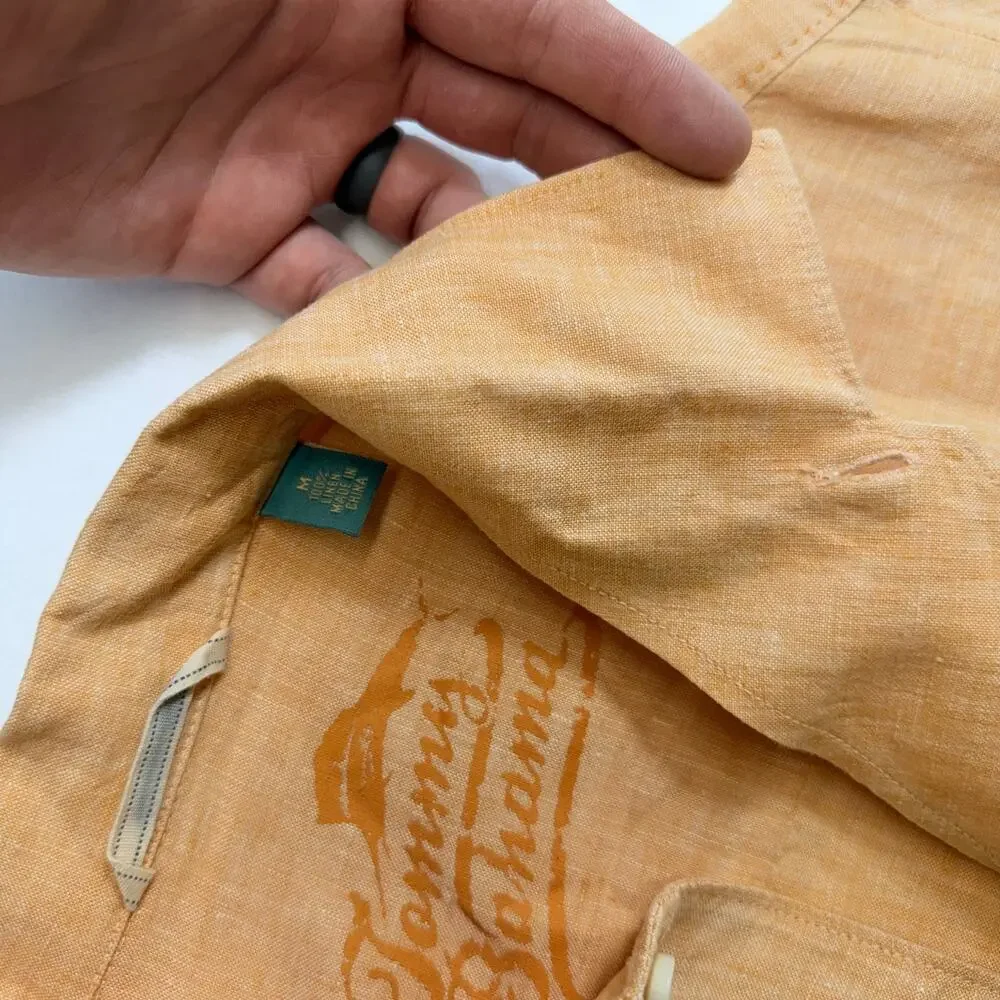 Tommy Bahama Mens Medium 100% Linen Camp Shirt Peach Embroidered Short Sleeve